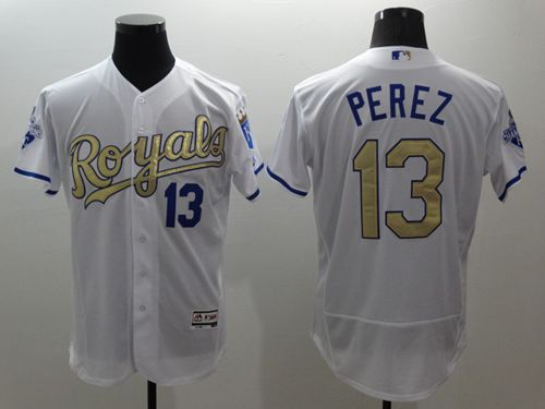 Royals #13 Salvador Perez White 2015 World Series Champions Gold Program FlexBase Authentic Stitched MLB Jersey - Click Image to Close